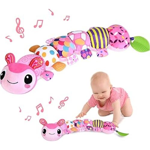 Baby Toys for 0-3-6-9-12 Months, Infant Stuffed Animal, Multi-Sensory Plush Toys, Tummy Time Musical Caterpillar Toy for Newborn, Soft Toys with Crinkle, Rattle and Textures, Birthday Gift for Girls