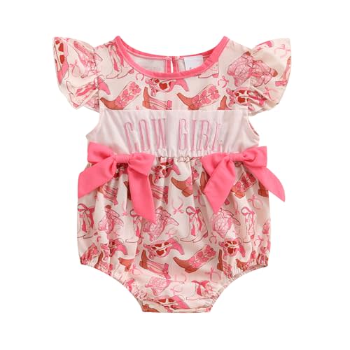 Yxniwxe Western Baby Girl Outfit Cowgirl Smocked Bubble Romper Flutter Sleeve Bodysuit Cute Bow Onesie Newborn Summer Clothes