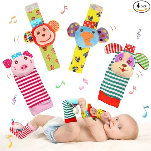 Infant Rattle Socks Toys 0 to 12 Months, Baby Wrist Rattle Foot Finder Socks Set, Birthday Holiday Present for Newborn Boy Girl 0/3/4/6/7/8/9/12/18 Months Kids Toddler, Gift Box Package (4A)