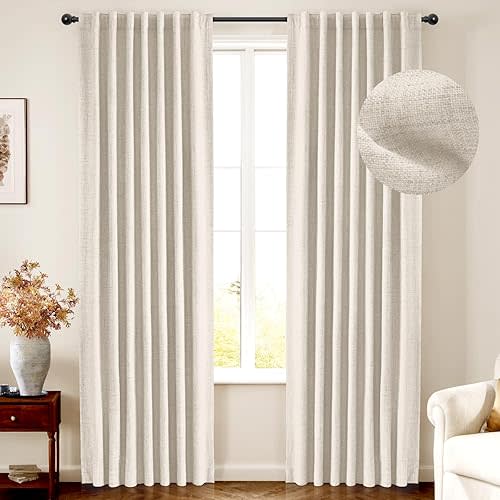 INOVADAY 100% Blackout Cream Curtains for Bedroom, Thermal Insulated Linen Blackout Curtains 63 Inch Length 2 Panels Set, Back Tab/Rod Pocket Room Darkening Curtains for Nursery - Cream, W50 X L63