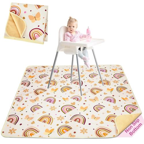 Basumee Splat Mat High Chair Mat Waterproof Baby Play Splat Mat for Under High Chair Food Catcher Highchair Mat for Floor Non Slip Bottom, Brown Rainbow, 46x42 Inches