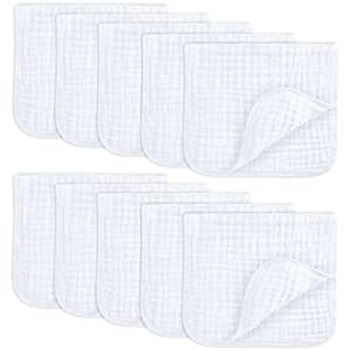 Comfy Cubs Muslin Burp Cloths 20" x 10", Pack of 10 - Large, 6-Layer, Ultra Absorbent 100% Cotton for Baby Drool and Messes - Soft, Safe & Gentle Baby Burp Cloths for Boys & Girls - White