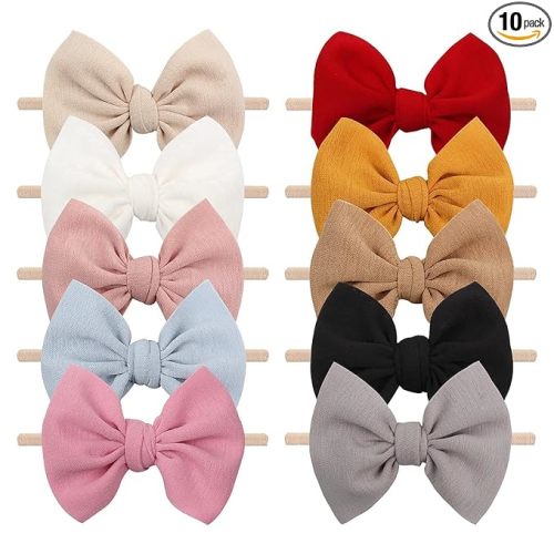 YanJie 4.5'' Nylon Bow Headbands for Baby Girls - Handmade Tied Bows Hair Accessories for Infants and Toddlers - 10 Pieces