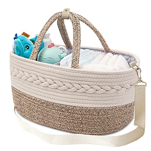 Baby Diaper Caddy Organizer,Shoulder Strap Buckle Portable Nursery Storage Basket with Changeable Compartments,100% Cotton Woven Bin (Small, Yellow)…