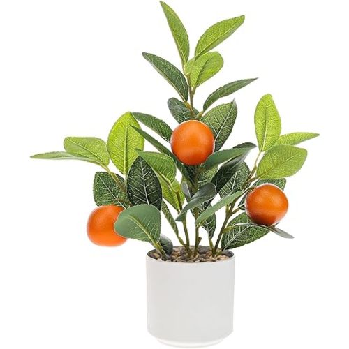 Woration Artificial Orange Plant Potted 14.5inches Small Faux Fruit Orange Tree Bonsai with White Pot Table Centerpiece Farmhouse Style Home Office Desk Shelf Decoration Indoor