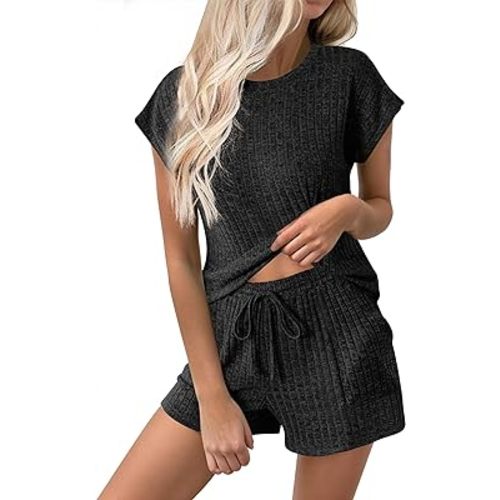 Ekouaer Pajamas for Women Ribbed Knit Lounge Set Cap Sleeve Top and Shorts Loungewear Sleepwear with Pockets S-XXL