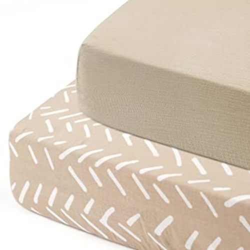 GRSSDER Soft Muslin Crib Sheet 2 Pack, 100% Cotton Crib Sheets for Boys and Girls, Fit Standard Crib Mattresses 52" x 28" Safe and Snug, Tan and Herringbone