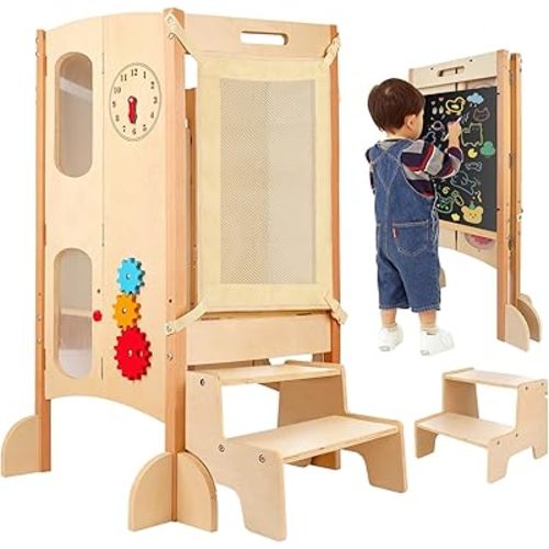 Toddler Tower for Kids Kitchen Foldable: Wooden Step Stool Adjustable with 2 Steps Helper - Montessori Standing Tower with Chalkboard Activity Games