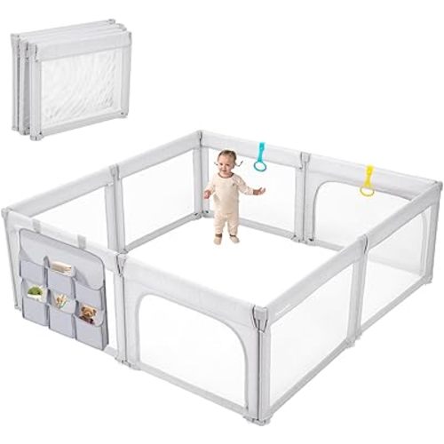 Foldable Playpen for Babies and Toddlers,Shape & Size Adjustable Large Baby Playpen 71x79 inch,Safe and Stable Playpen with Zipper Doors,Outdoors and Indoors, Grey