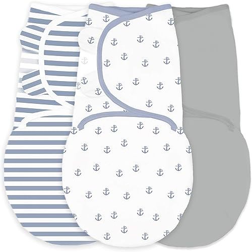 Amazing Baby Swaddle Blanket with Adjustable Wrap, Set of 3, Tiny Anchors, Stripes and Solid, Denim and Gray, Small