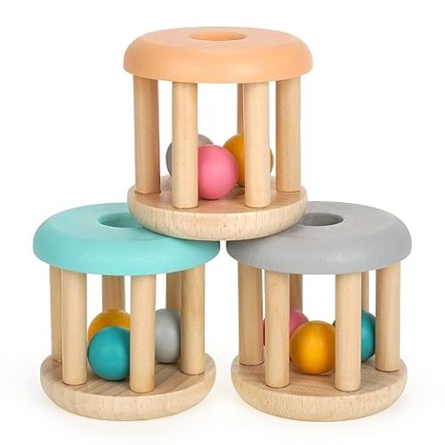 DUCKBOXX XX® Montessori Infant Educational Toys, Natural Wood Rolling Rattle Toy, Early Learning Toy for Developing Fine Motor Skills and Color Recognition, for Ages 0m–2yrs (Burlywood Base - 3pcs)