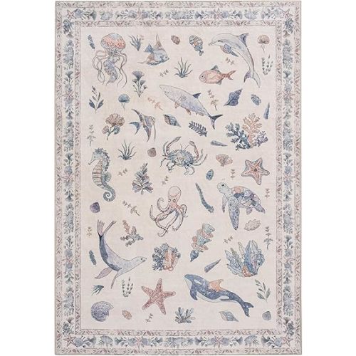 Soft Marine Animals Washable Faux Wool Stain Resistant Rug Rubber Non-Slip Backing for Playroom Bathroom Living Room Bedroom Bedside Beachy Cute Coastal Nautical Nursery Rug (Pink Multi, 5' x 7')