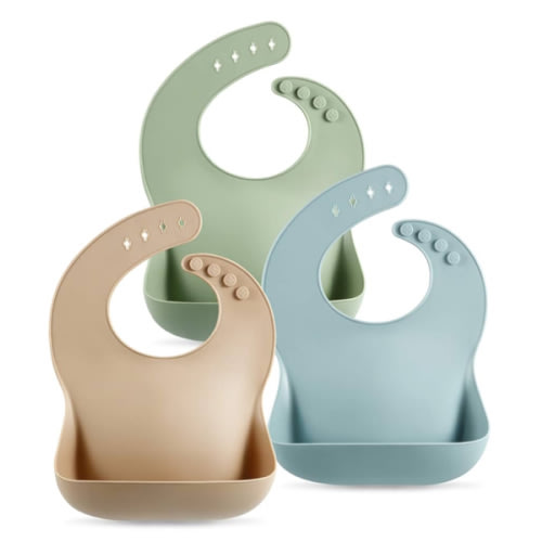 PandaEar Set of 3 Silicone Baby Bibs Waterproof, Soft, Unisex, 10-72 Months (Brown/Blue/Green)
