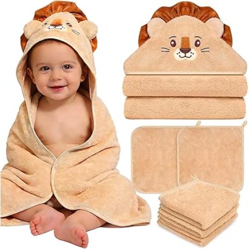 4 Pcs Baby Towels and Washcloths Set, Soft Hooded Bath Towel, 1 Baby Towel and 3 Baby Washcloths for Newborns, Toddlers, and Kids, 32x32 inch Baby Towel with Hood for Boy and Girl (Brown Lion)