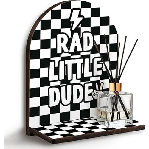 Boy Nursery Wall Shelf, Rad Little Dude Wooden Hanging Floating Shelves, Retro Black Checkered Hanging Shelf Wall Decor for Kids Toddler Boys Room Bedroom Playroom Bathroom