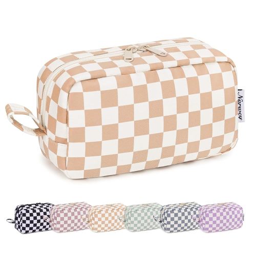 Narwey Checkered Makeup Bag Travel Cosmetic Bag Organizer Small Toiletry Bag Make Up Bags with Organized Pockets for Women (Light Checkerboard, Large)