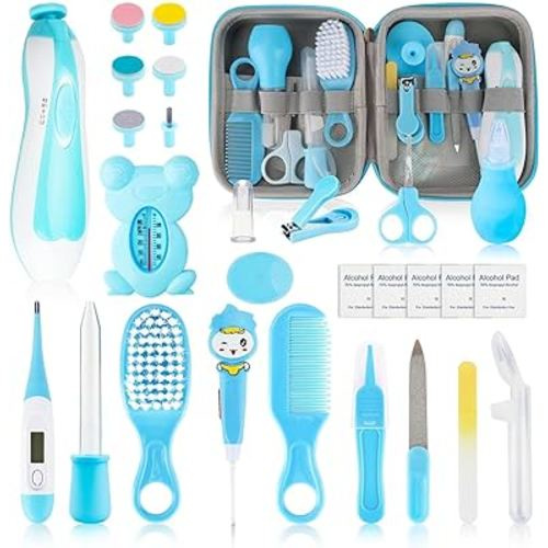 Baby Healthcare and Grooming Kit, 27pcs Baby Electric Nail Trimmer Set Newborn Nursery Health Care Set for Newborn Infant Toddlers Baby Boys Girls Kids Haircut Tools (Pink） (27 Kits Blue)