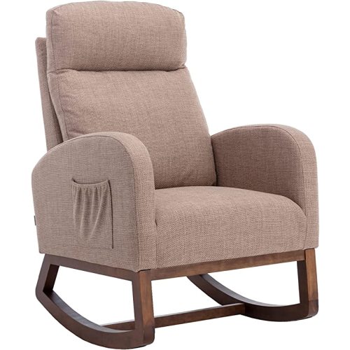 Dolonm Nursery Rocking Chair for Living Room, Upholstered Mid-Century Modern Nursery Rocking Armchair Tall Back Accent Glider Rocker, Camel - Camel- Polyester