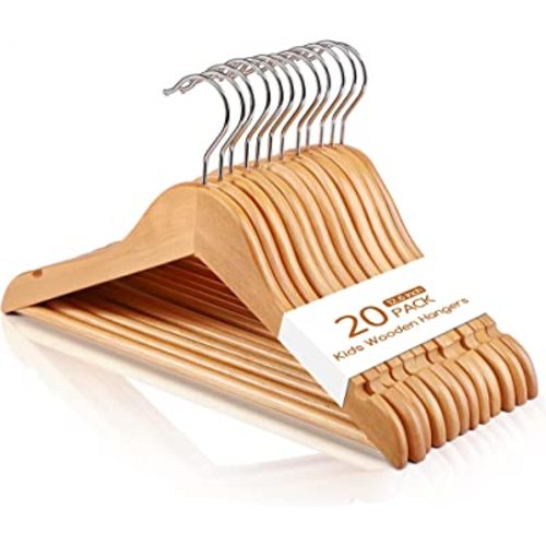 Cozymood Childrens Wooden Hangers Kids Hangers, 20 Pack Baby Hangers Nursery Wood Hangers, 360° Swivel Hook Non Slip Coat Hanger for for Coats, Suits, Pants and Jackets (Natural)