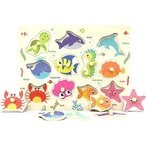 Wooden Peg Puzzle, Sea Creature Chunky Baby Puzzles, Colorful Wood Shape Puzzle Peg Board, Animal Knob Puzzle for Educational Toddlers 18 Months and Up, 11 Pieces