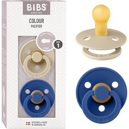 BIBS Pacifiers Colour Collection | Natural Rubber Baby Pacifier | Round Nipple | Set of 2 BPA-Free Soothers | Made in Denmark | 0+ Months (Pack of 2) | Vanilla/Cornflower