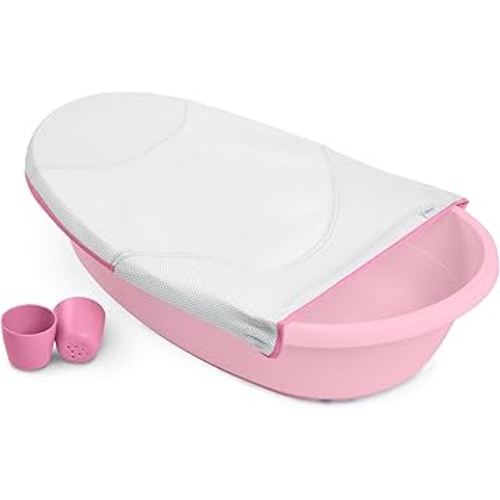 Ingenuity Room to Soak 4-in-1 Baby Bath Tub in Pink, Newborn to Toddler, Adjustable Full Coverage Sling, Supportive Seat, Includes 2 Pour & Rinse Cups, Easy Release Drain Plug, 0M+