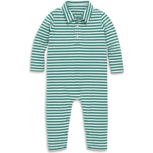 Baby Long Sleeve Polo Romper In Stripe, Ivory Sunwashed Teal Stripe - Primary | Maisonette