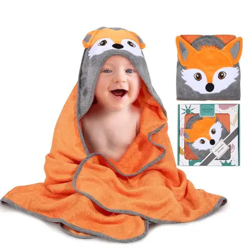 Toddler Bath Towel & Baby Bath Towels - Extra-Large, Plush, and Absorbent Toddler Towels - Cute Fox Face Design Vibrant Orange - Hooded Baby Towels, Soft Bamboo Viscose, Newborn Essential
