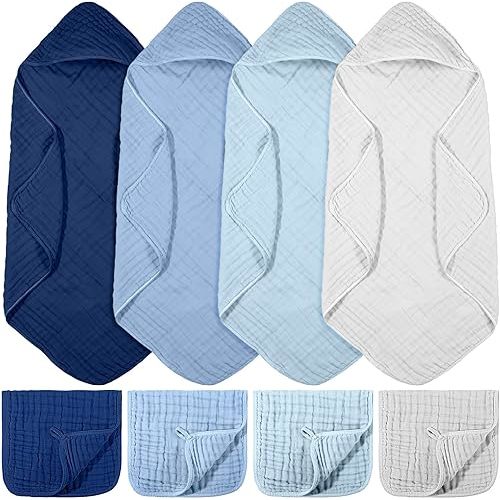 VitalCozy 8 Pcs Baby Muslin Hooded Bath Towels and Washcloths Muslin Cotton Hooded Baby Towels Absorbent Blankets for Gift Newborn Infant Shower (32 x 32 Inch,Gradient Blue)