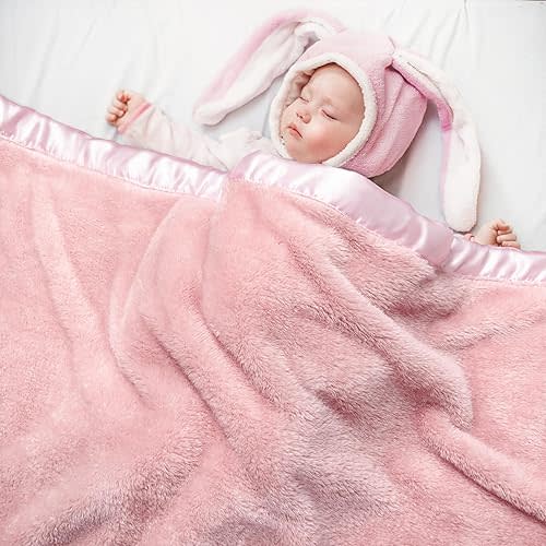 Pro Goleem Fleece Baby Blankets for Girls with 2 Inch Satin Trim, Super Soft Plush Receiving Blanket for Infant Toddler Newborn, Cozy 30x40 Inch Crib & Stroller Blanket (Pink)