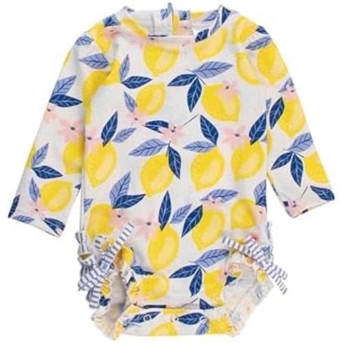 RuffleButts Baby Girls UPF 50+ Sun Protection Novelty Print Long Sleeve One Piece Rash Guard Swimsuit with Zipper
