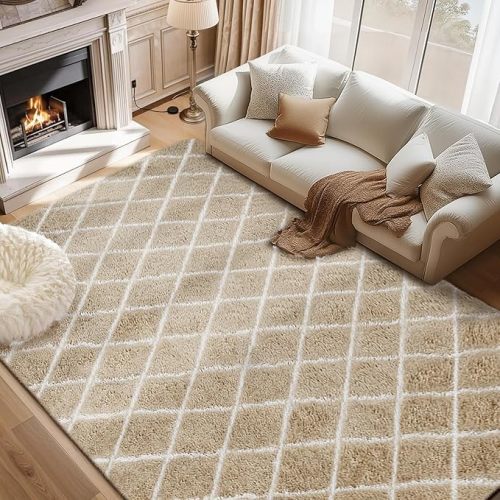 Fluffy Rug for Bedroom, 5X7Feet Stripe Checkered Rug Anti-Skid High Pile for Living Room Bedroom Kids Room Nursery, Dorm Home Decor