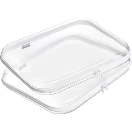 Hard Sided Clear Zipper Case for Storage- Professional-Grade Plastic Clear Zipper Pencil Case,Toy Storage Bins, Toiletry Pouch, Travel Organizer, Cosmetic Bag（White,2 Pack, L）