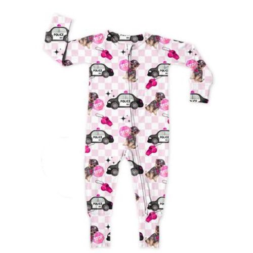 Bamboo Zipper Footie, Pink Police
