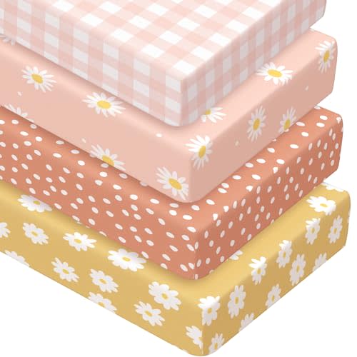 Peryiter 4 Pack Crib Sheets Girl Soft Baby Bed Sheet Set 52'' x 28" Pink Plaid Nursery Crib Sheets for Standard Bed for Nursery Decor Baby Boys or Girls (Daisy)