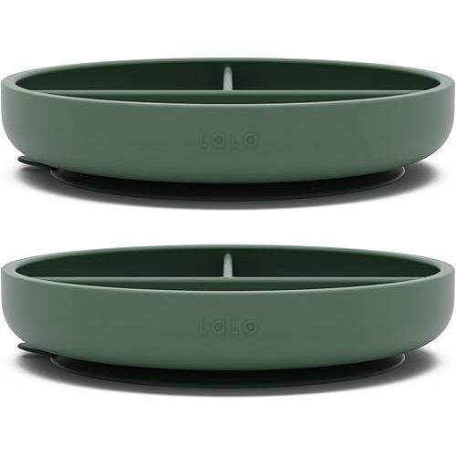 Lalo Suction Plates - 2 Pack, 100% Silicone Non-Toxic BPA-Free Baby Plates with Suction Base To Prevent Accidental Tip-Overs - Suction Plates for Toddlers With Three Divided Sections - Olive