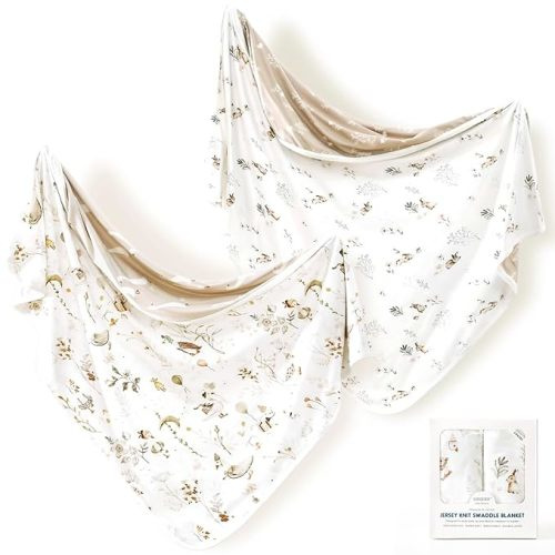 GRSSDER Baby Blankets Super Soft Stretchy Jersey Swaddle Blanket 2 Pack for Baby Boys, Double Layer Reversible Receiving Blankets 34 x 44, Extra Large for Swaddling, Cute Duck & Rabbit