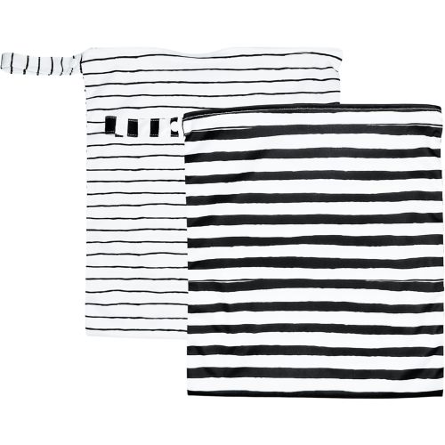 2pcs Premium Wet Bags – Waterproof & Watertight, Machine Washable Cloth Diaper Wet Bags for Baby Clothes, Wet Clothes, Sweaty Clothes, Swimsuits, Travel Dry Bags - Black and White Striped