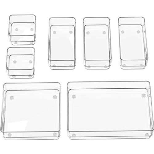 SMARTAKE 7-Piece Drawer Organizer with Non-Slip Silicone Pads, 4-Size Desk Drawer Organizer Trays Storage Tray for Makeup, Jewelries, Utensils in Bedroom Dresser, Office and Kitchen (Clear)
