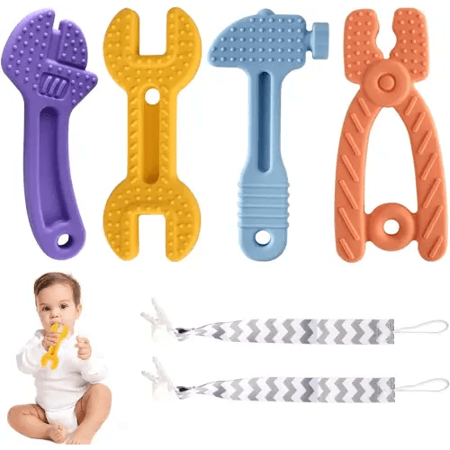 4 Pack Chew Baby Teething Toys for 0-12 Months, Freezable BPA Free Silicone Baby Molar Teether Chew Toys, Hammer Wrench Spanner Pliers Shape Baby Girl's Boy Car Seat Toy
