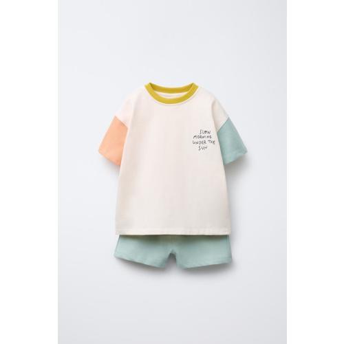 COLOR BLOCK JOGGING T-SHIRT AND BERMUDA SET - Green / Blue | ZARA United States