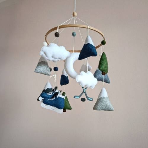 Hockey skates baby mobile, Hockey sticks nursery decor, Mountain nursery mobile, Baby shower gift