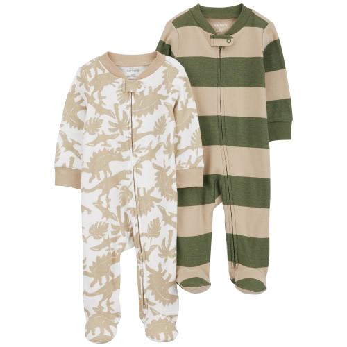 Baby 2-Pack Striped Zip-Up Cotton Sleep & Play Pajamas - Style,Green/Tan