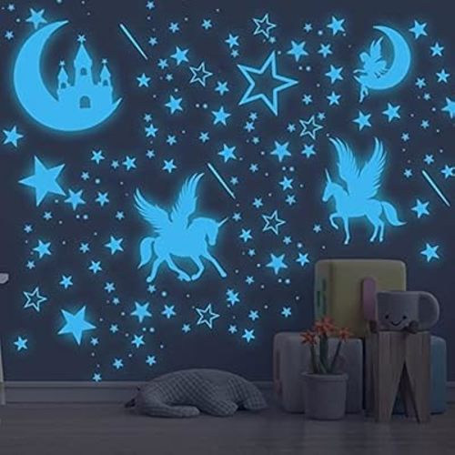 Glow in The Dark Unicorn Wall Decal Sticker, Cute Fairy Girl Bedroom Star Decoration, Glowing Moon Castle Ceiling Decor for Nursery Room