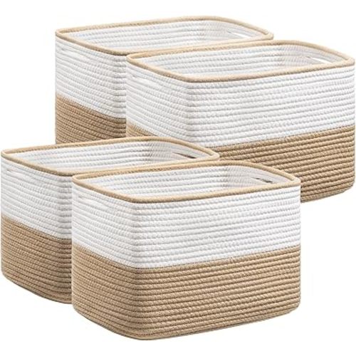 UBBCARE 4 Pack Baskets for Organizing, Woven Storage Baskets for Toys and Towel, Rectangle Cotton Rope Basket with Handles, 15''L x10''W x9''H, Brown