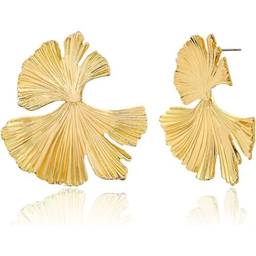 Ginkgo Leaf Flower Earrings, Gold Geometric Statement Earring for Women Girls, 14K Gold Plated Big Fashion Design Boho Drop Dangle Earrings Jewelry Gift