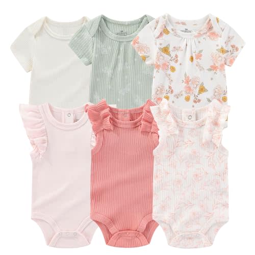 Ruliby Baby Bodysuit 6 Pack Soft Mixed Ribbed Short Sleeve Romper Infant Boy Girl Clothes Set