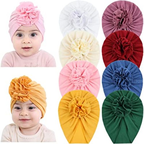 Cinaci 8 Pack Soft Cotton Solid Turban Hats Caps Beanies Headwraps with Big Flower Bow for Baby Girls Infants Toddlers Kids