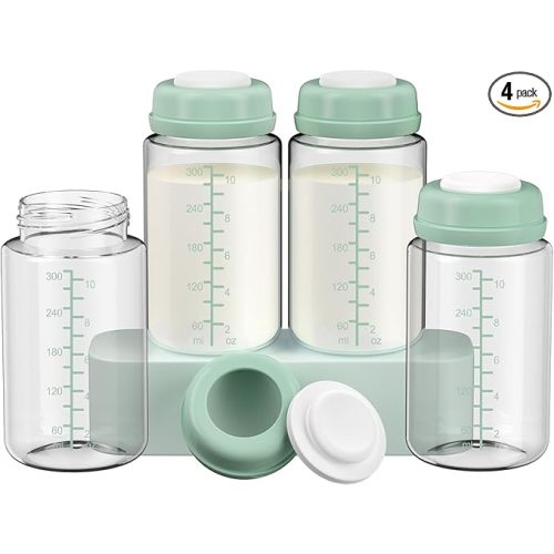 4 Pack 10oz Wide-mouth Breastmilk Storage Bottle for Momcozy 22oz Portable Breast Milk Cooler, Pumping Storage Containers Compatible with Spectra S1/S2/9 Plus/SG/Motif Luna (4PC/Green Lids)