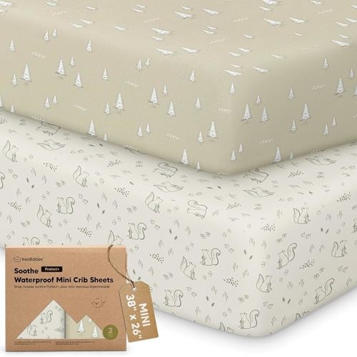 2 Pack and Play Sheets, Waterproof Mini Crib Sheets Fitted - 38x26 Organic Cotton Pack N Play Sheets for Graco Pack and Play Mattress, Playard Baby Crib Sheets,Neutral for Boy,Girl,Toddler(Pine Grove)